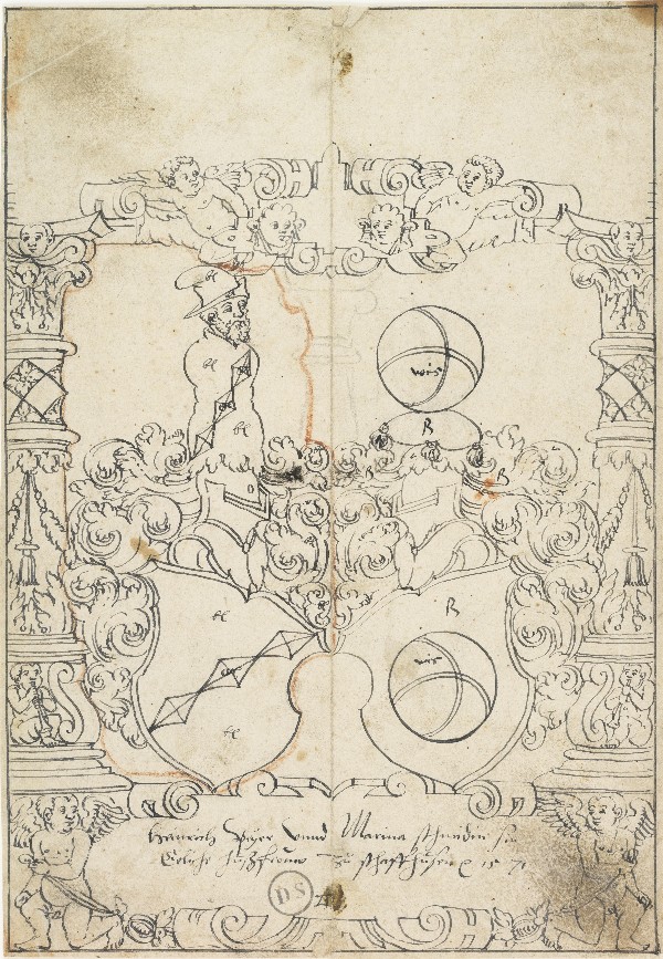 Scheibenriss mit den Wappen der Allianz Heinrich Peyer und Marina Schmidin